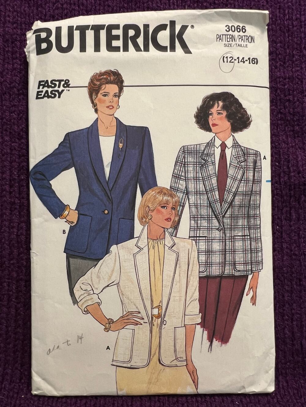 Butterick 3066 pattern blazer boxy boyfriend 1980s size 12